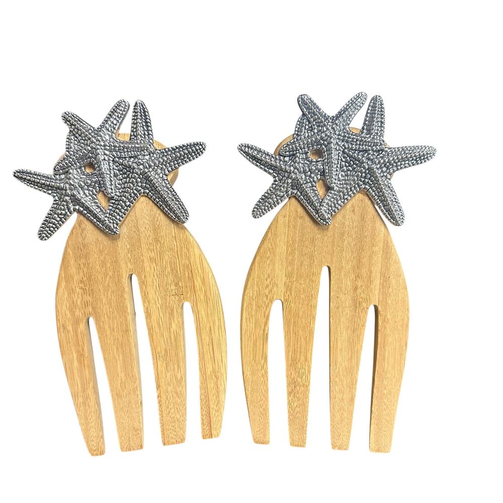 Mud Pie Bamboo Salad Hands Starfish Metal Accents Coastal Serving Set Set of 2